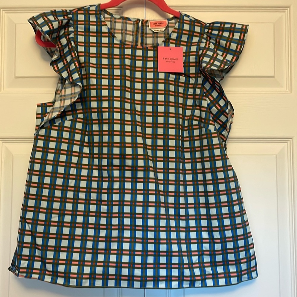 Kate spade plaid flutter top blue glow mainline. Size small. NWT.
